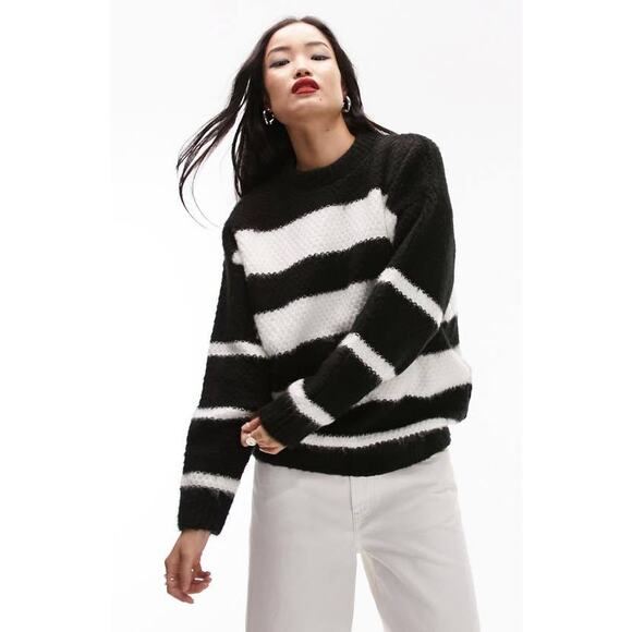 TOPSHOP Women's Textured Stitched Stripe Sweater Black White Size 8-10 Oversized - Picture 1 of 10